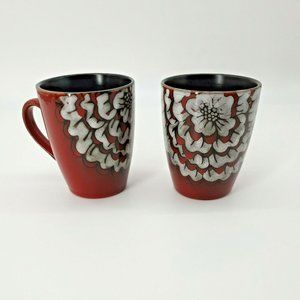 Coffee Mugs Cups Red Black White Floral Set of 2 Ceramic Kitchen